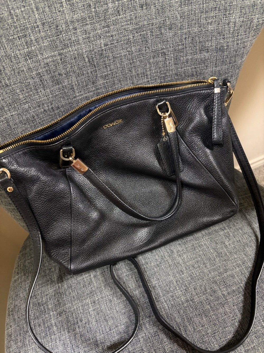 Coach Black Pebble Leather Shoulder Bag with Gold-Tone Accents
